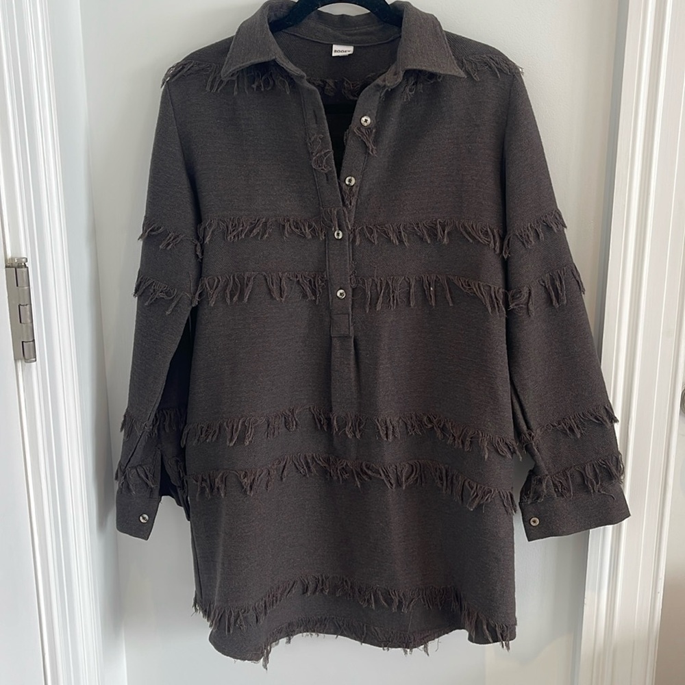 ROOEY KNOTS Brown Fringe Boho Long Sleeve Shirt Dress One Size